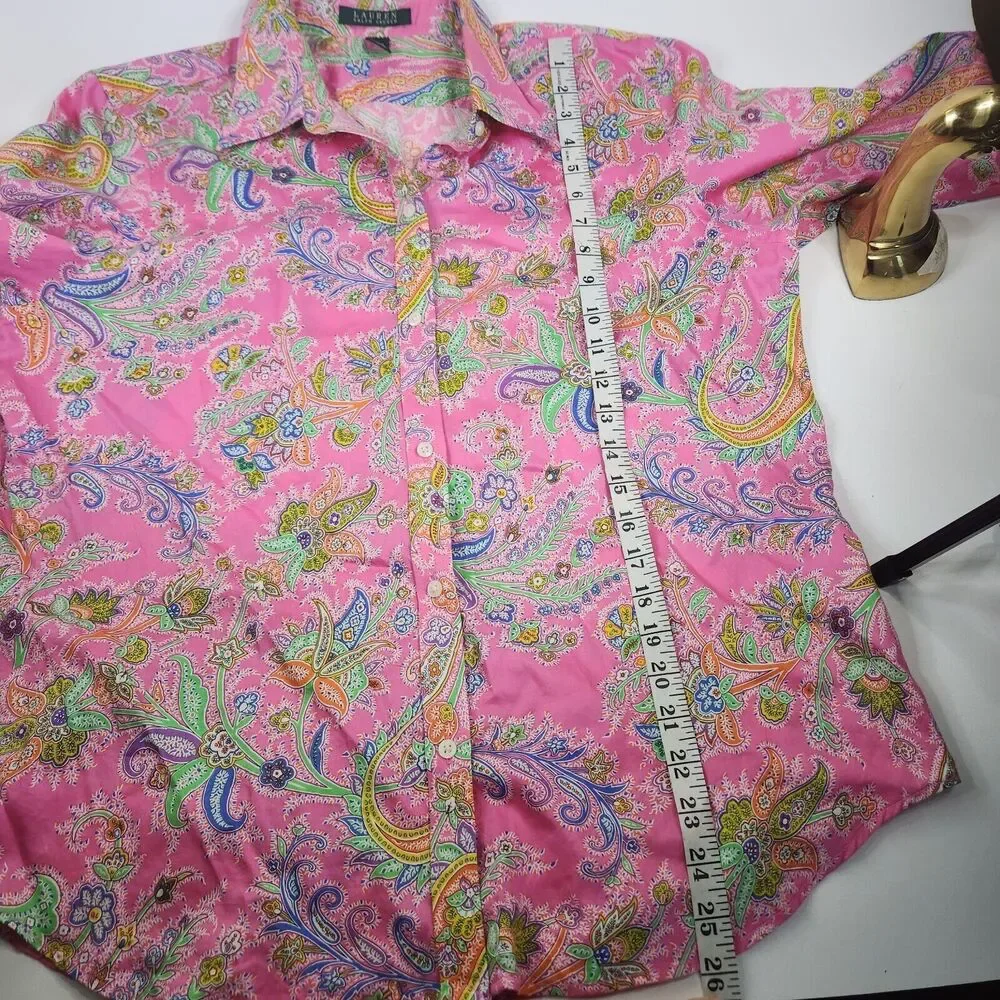 Lauren Ralph Lauren Cotton Pink Paisley Button-Down Blouse Barbie Core XL - Picture 8 of 9